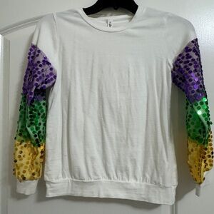 Trendy Boutique White Top with Multicolor Sequin Sleeves